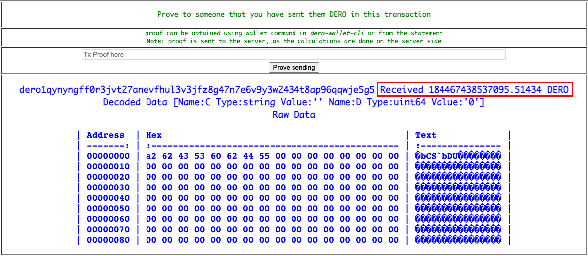 Unpatched explorer displays the report proof as Verified — 184,467,438,537,095.51434 DERO